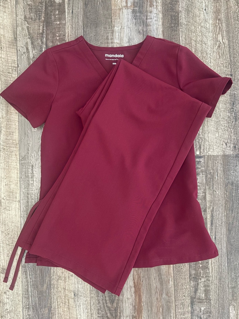 Mandala Women’s Scrub Set in Burgundy. V-Neck Top with High Waist/Wide Leg Pants